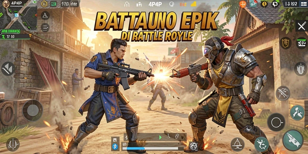 Screenshot gameplay 4P4P menampilkan aksi pertempuran Battle Royale yang mendebarkan.
