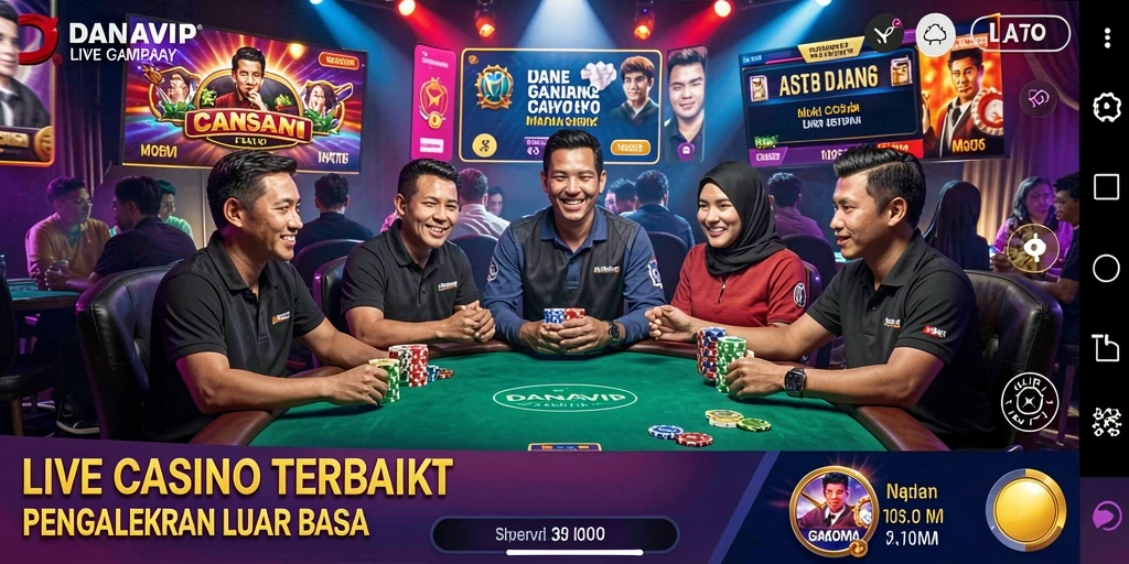 Screenshot gameplay Live Casino DANAVIP dengan dealer profesional yang sedang bermain.