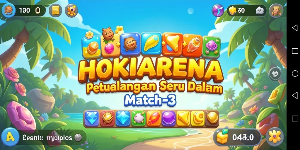 Tangkapan layar HOKIARENA menampilkan gameplay Match-3 yang menantang dan penuh warna.