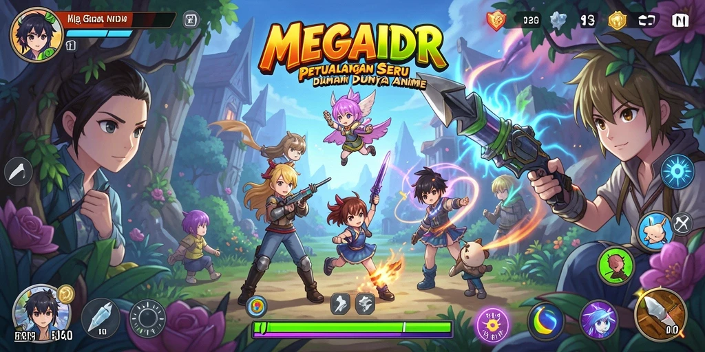 Screenshot utama MEGAIDR menampilkan karakter anime dalam aksi seru.