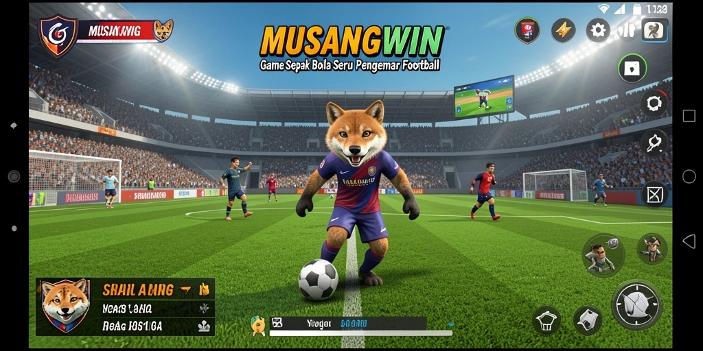 Tangkapan layar gameplay MUSANGWIN menunjukkan intensitas pertandingan sepak bola yang mendebarkan.