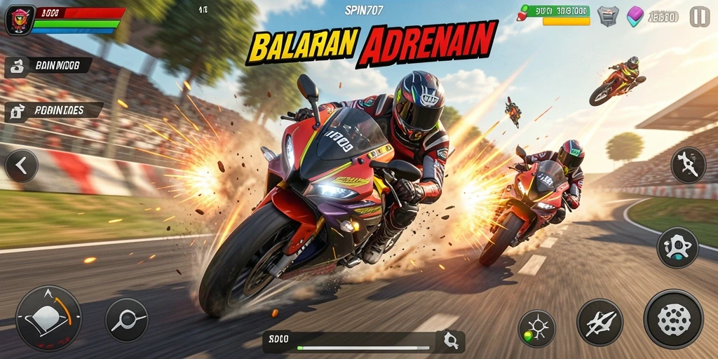 Tangkapan layar gameplay SPIN707 menampilkan balapan motor yang mendebarkan.